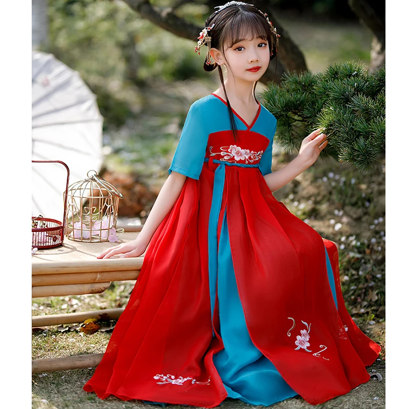 Bambino neonata abito in Chiffon Vintage fiore ricamo Patchwork bambini Hanfu Costume Cosplay Kid Fairy stile antico verde