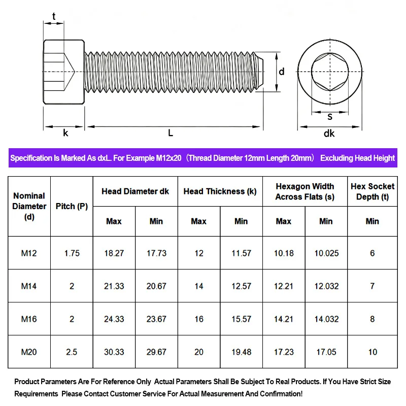 M12 M14 M16 M20 DIN912 316 Stainless Steel Full Thread Socket Cap Head Bolt Extra Long Cylinder Hex Screw Length 20mm-150mm