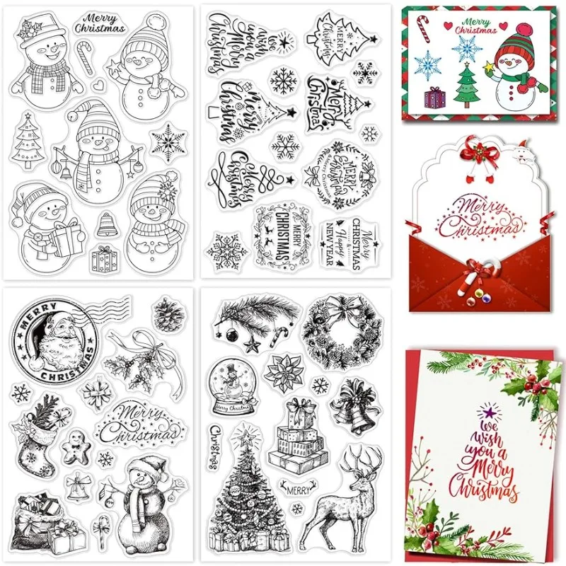 4 Sheets Clear Silicone Stamps Christmas Xmas Theme Snowman Christmas Tree Merry Christmas Scrapbooking Rubber Stamps