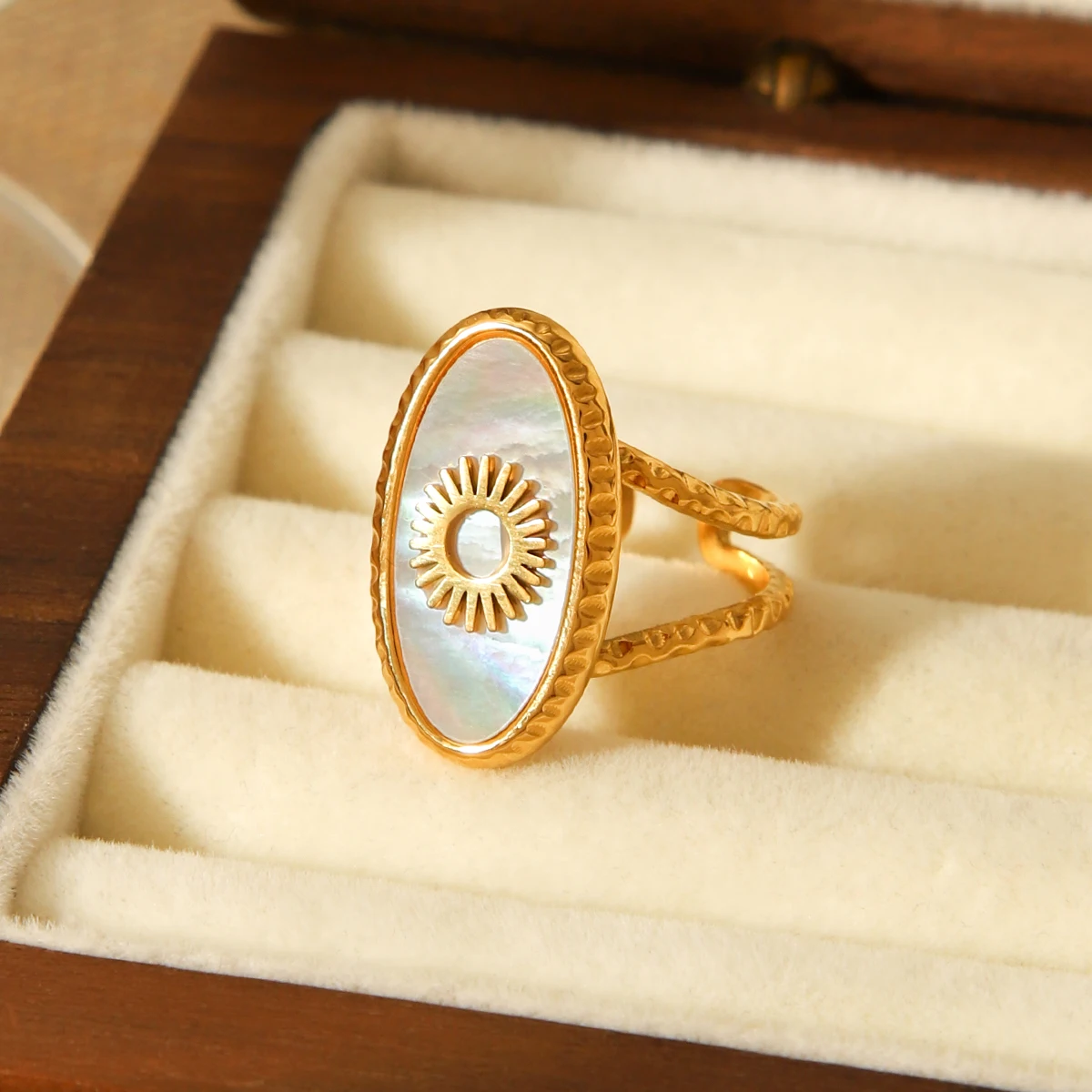 Huangchao White Shell Sun Pattern Open Rings for Women Stainless Steel 18K Gold   Plated Ring Fashion Jewelry Accessories Gift