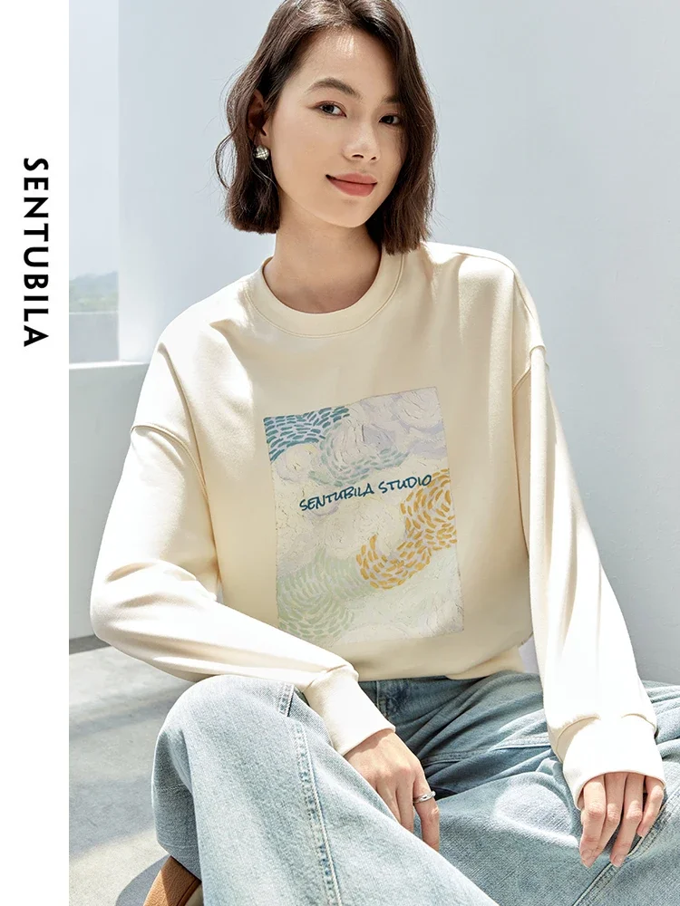 

SENTUBILA Embroidery Sweatshirt Women Cotton Long Sleeve Top 2025 Autumn Casual Loose O Neck Print Pullover Sweatshirt 143A56382