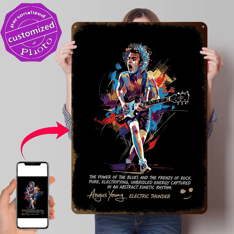 Angus Young Electric Thunder Personalized 3D Textured Metal Poster Wall Art Tinplate Sign for Modern Home Decoration Luxury Room
