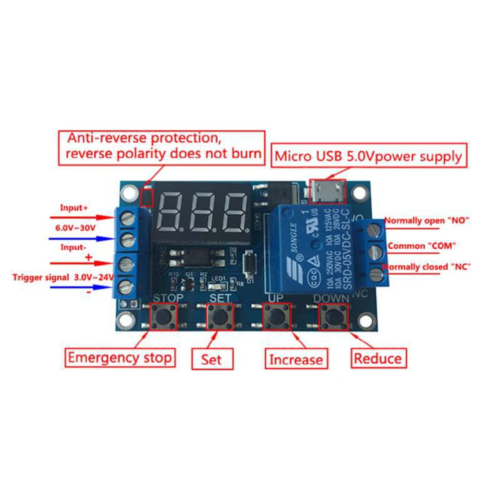 Módulo de relé temporizador Digital multifuncional, temporizador de 1 canal, 5 piezas, XY-J02, pantalla LED, temporizador de retardo de ciclo de automatización, interruptor de apagado