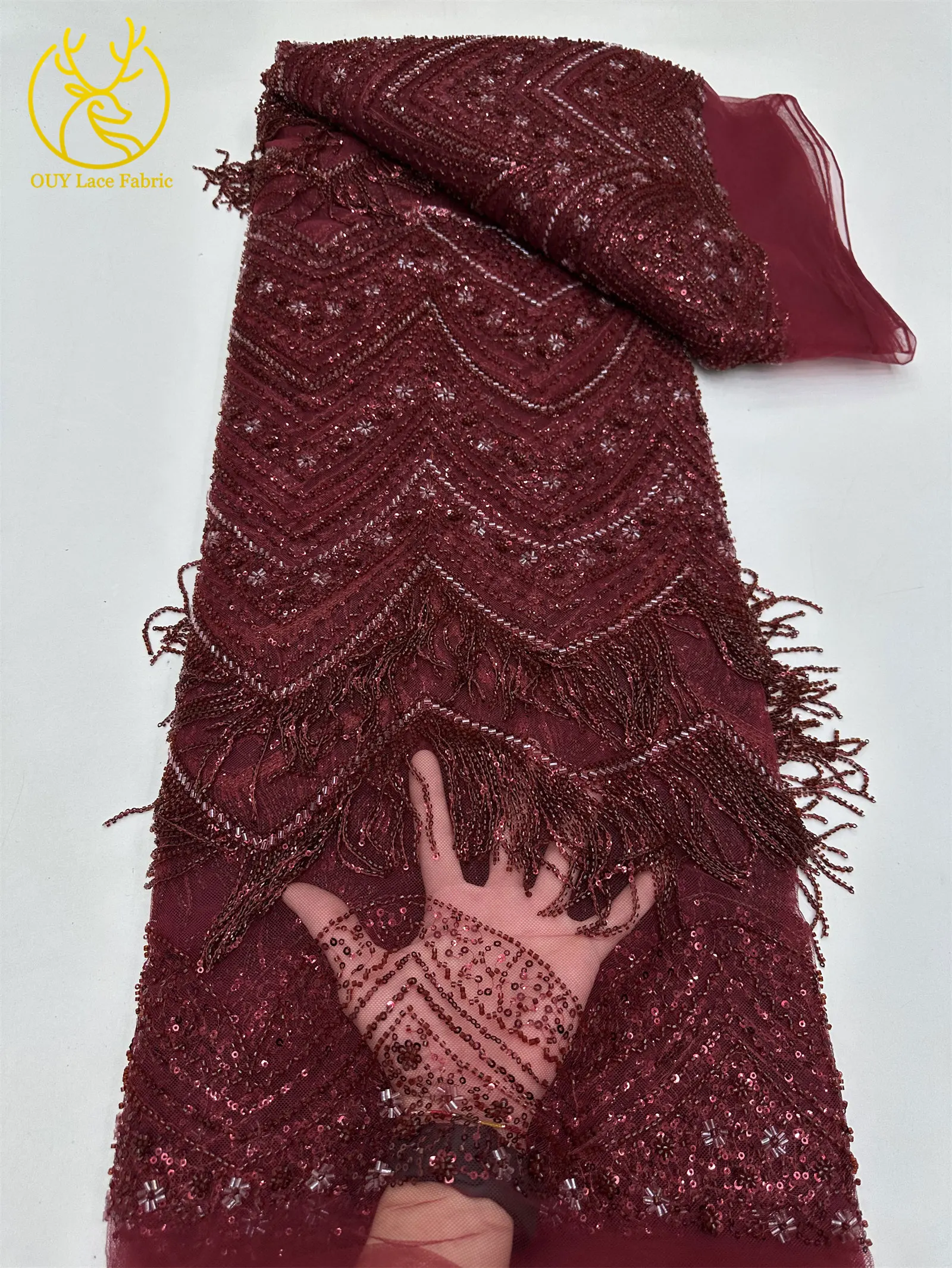 Hochwertiger 3D-Quasten-Perlen-Spitzenstoff, goldfarbener afrikanischer Perlen-Pailletten-Spitzenstoff, französische Tüllspitze für Hochzeitskleider, 5 Yards – Detail 25