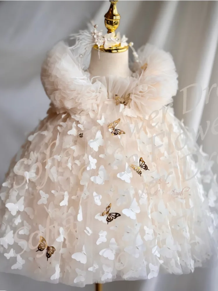 

Customized Flower Girl Dress Lovely Appliques A-Line Pleated Tulle Dresses For Kids Cute First Communion Birthday Party Gowns