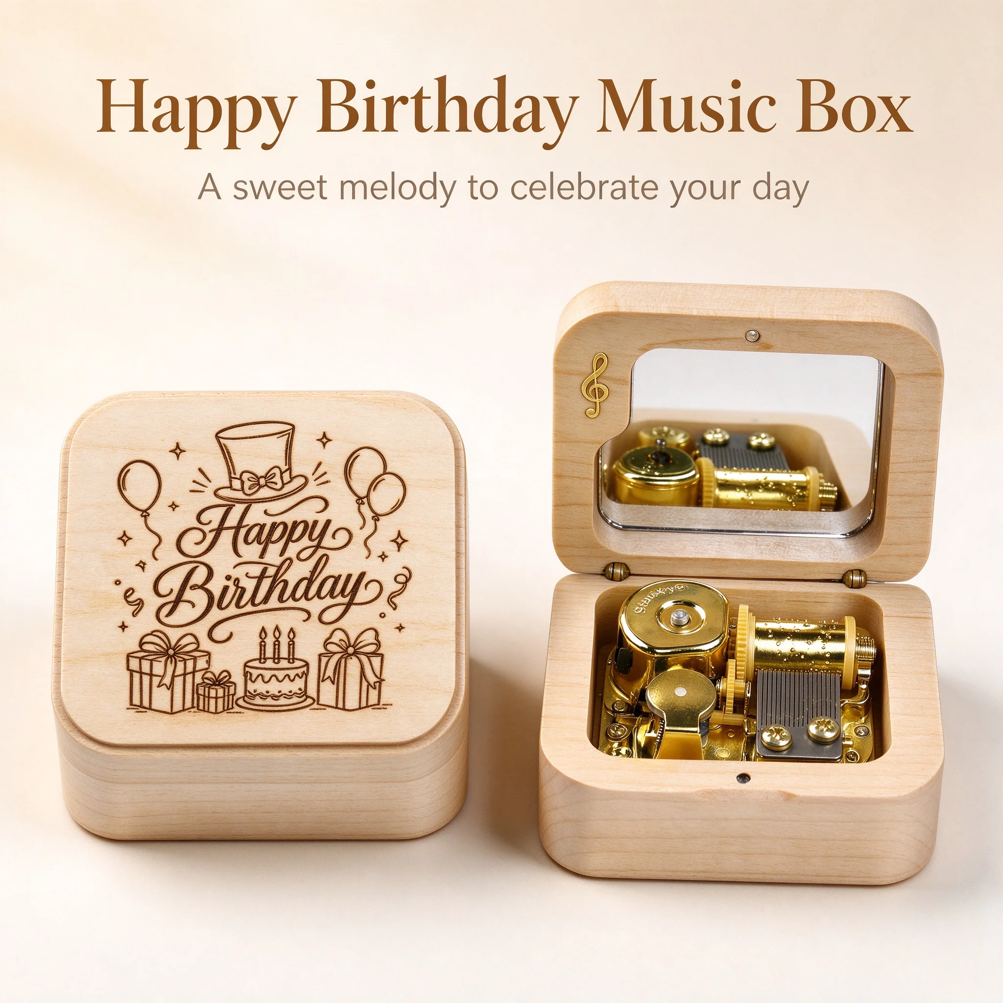 Maple Happy Birthday Wooden 18 note wind up Music Box with Mirror, Custom Engraving, Birthday Gift for Women Daughter Friend