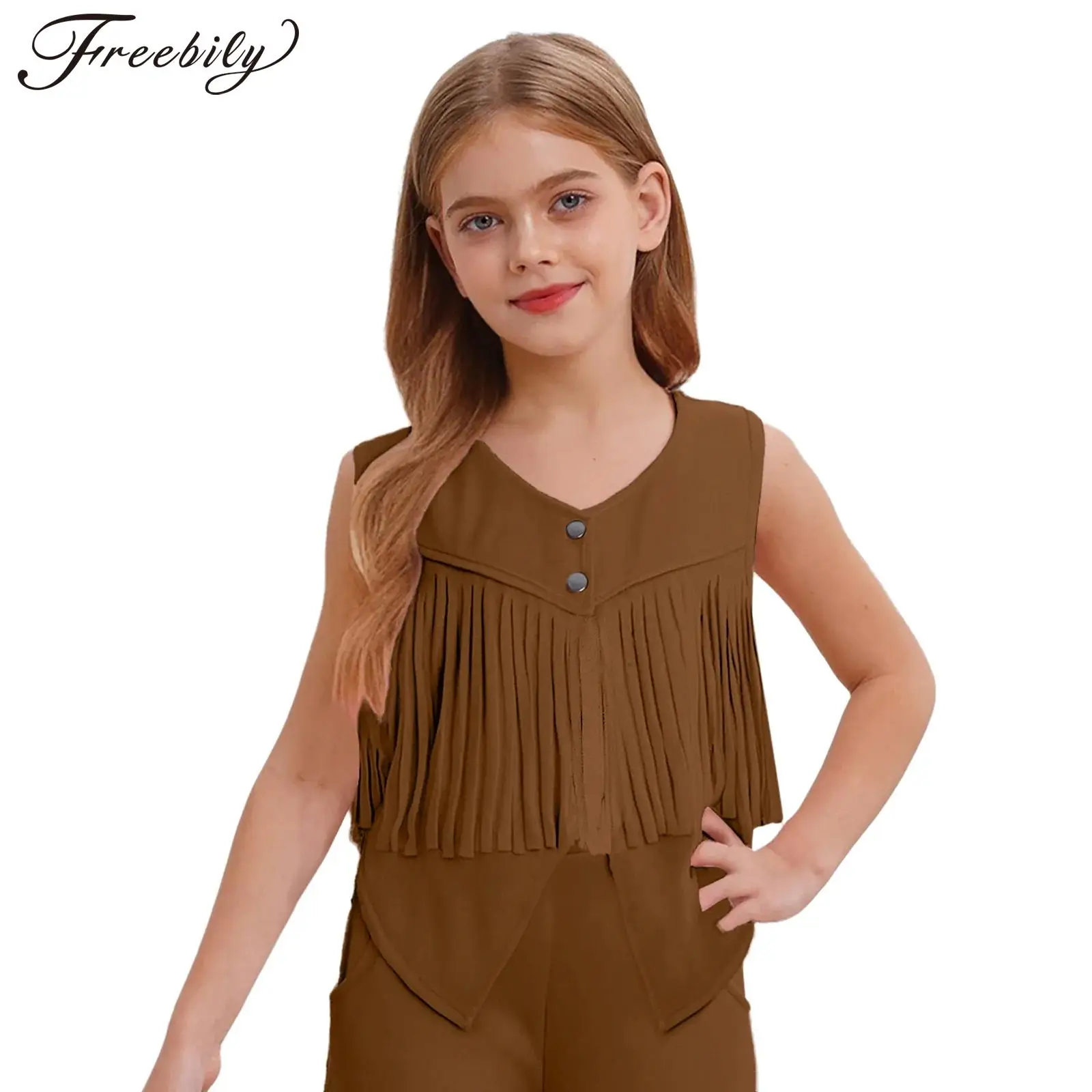 

Kids Girls Boys Cowgirl Cowboy Hippies Halloween Costume Party Dress Up Sleeveless Faux Suede Fringe Vest Role Play Waistcoats