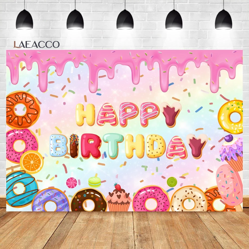 

Laeacco Donut Birthday Backdrop Cartoon Colorful Sweet Candy Cream Ice Girls Sweet Grow Up Baby Portrait Photography Background