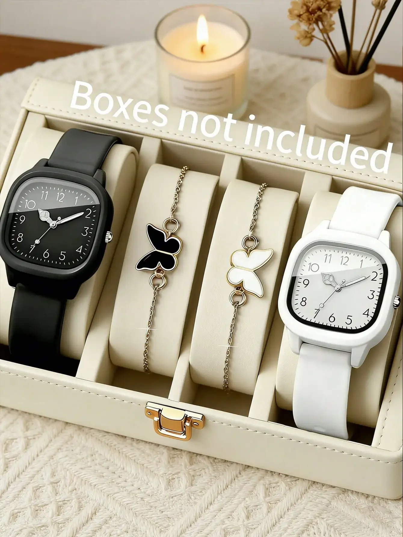 4pcs Women's Quartz Watch And Bracelet Set, Including Square Silicone Watches In Black & White And Bow-Knot Bracelets