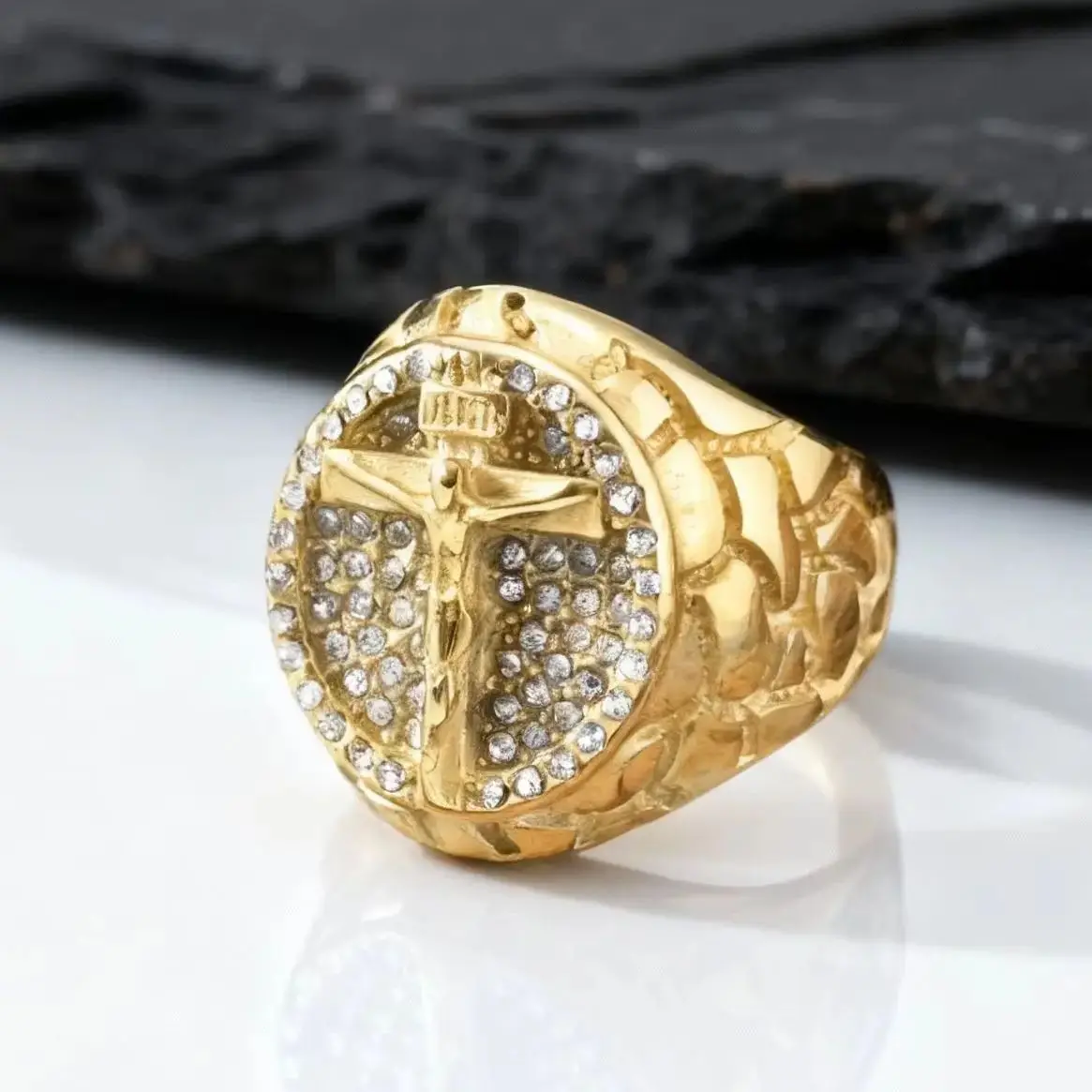 Gold Color Crucifix Jesus Cross Rings for Men,Hip Hop Stainless Steel Signet Ring with Full Rhinestone,Rapper Party Jewelry Gift