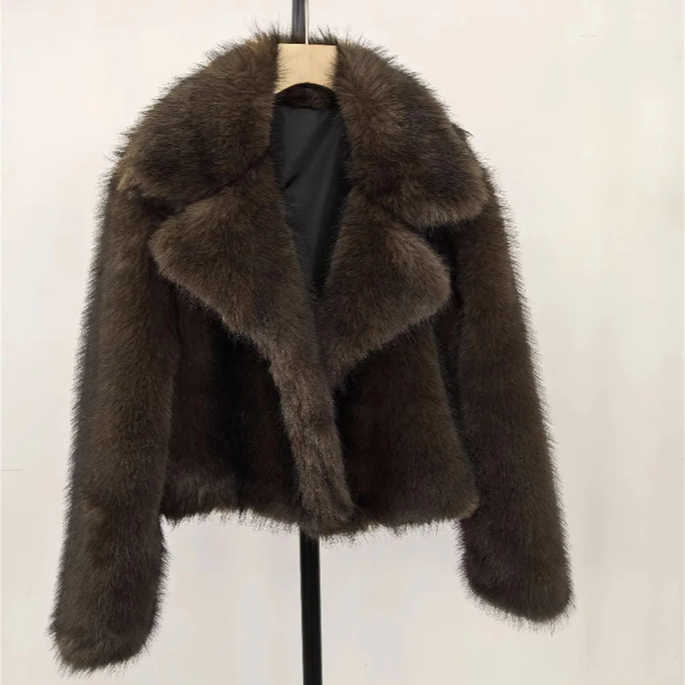 Abrigo de piel de zorro sintética esponjoso, chaqueta de invierno para mujer, moda novedosa, abrigo de piel sintética con gradiente de gran tamaño, ropa de mujer, prendas de vestir exteriores gruesas y cálidas