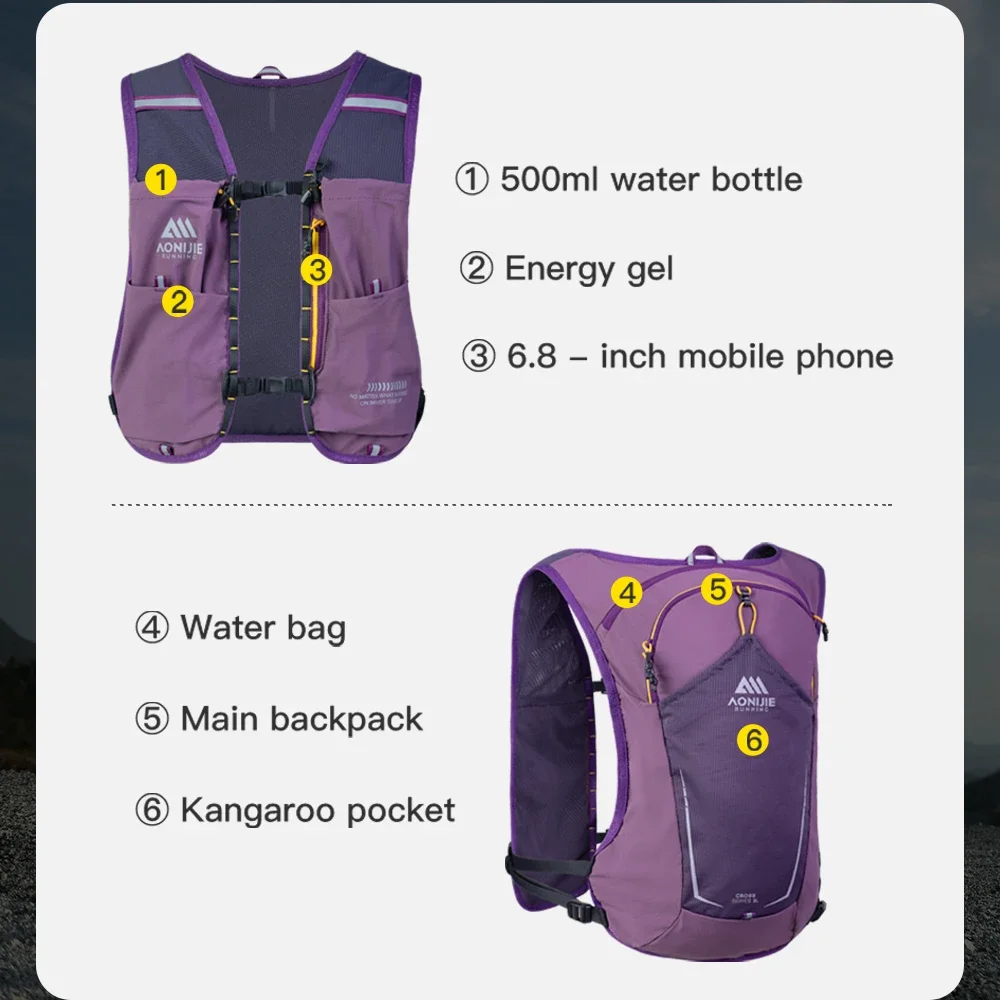 AONIJIE C9125 Trail Running Vest Backpack 8L Lightweight Breathable Water Backpack for Hiking Camping Marathon Cycling Race