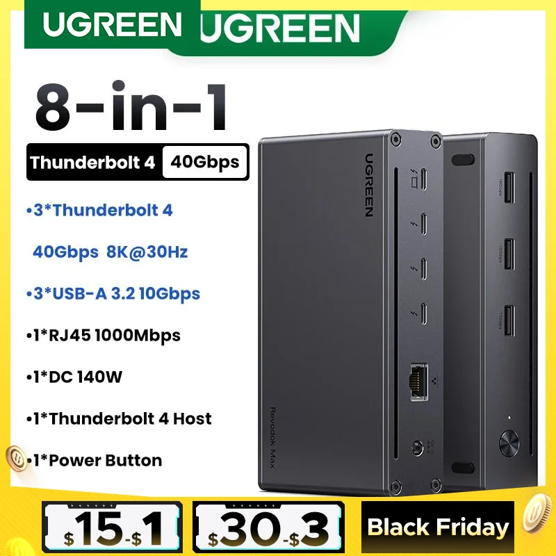 UGREEN 8-in-1 Docking Station 8K30Hz Thunderbolt 4 40Gbps Dock USB3.2 Gen2 10Gbps with EU Adapter forMacBook Laptops PC Revodok