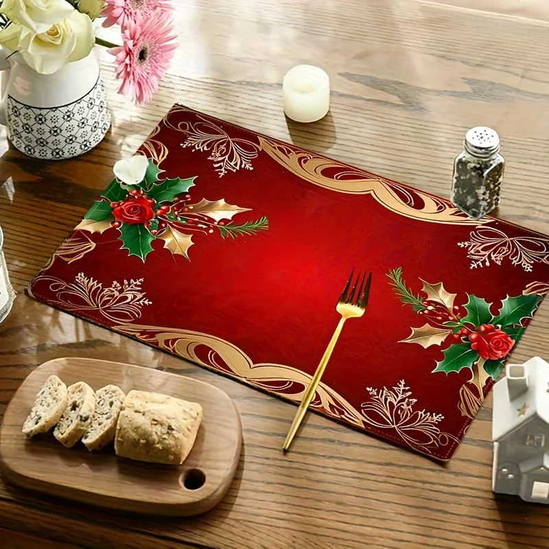 VIKAMA 4-teiliges Weihnachts-Retro-Tischset, rot, Isolierung, wasserdicht, für Küche, Tischdekoration, Tischset, Weihnachtsatmosphäre, Heimdekoration