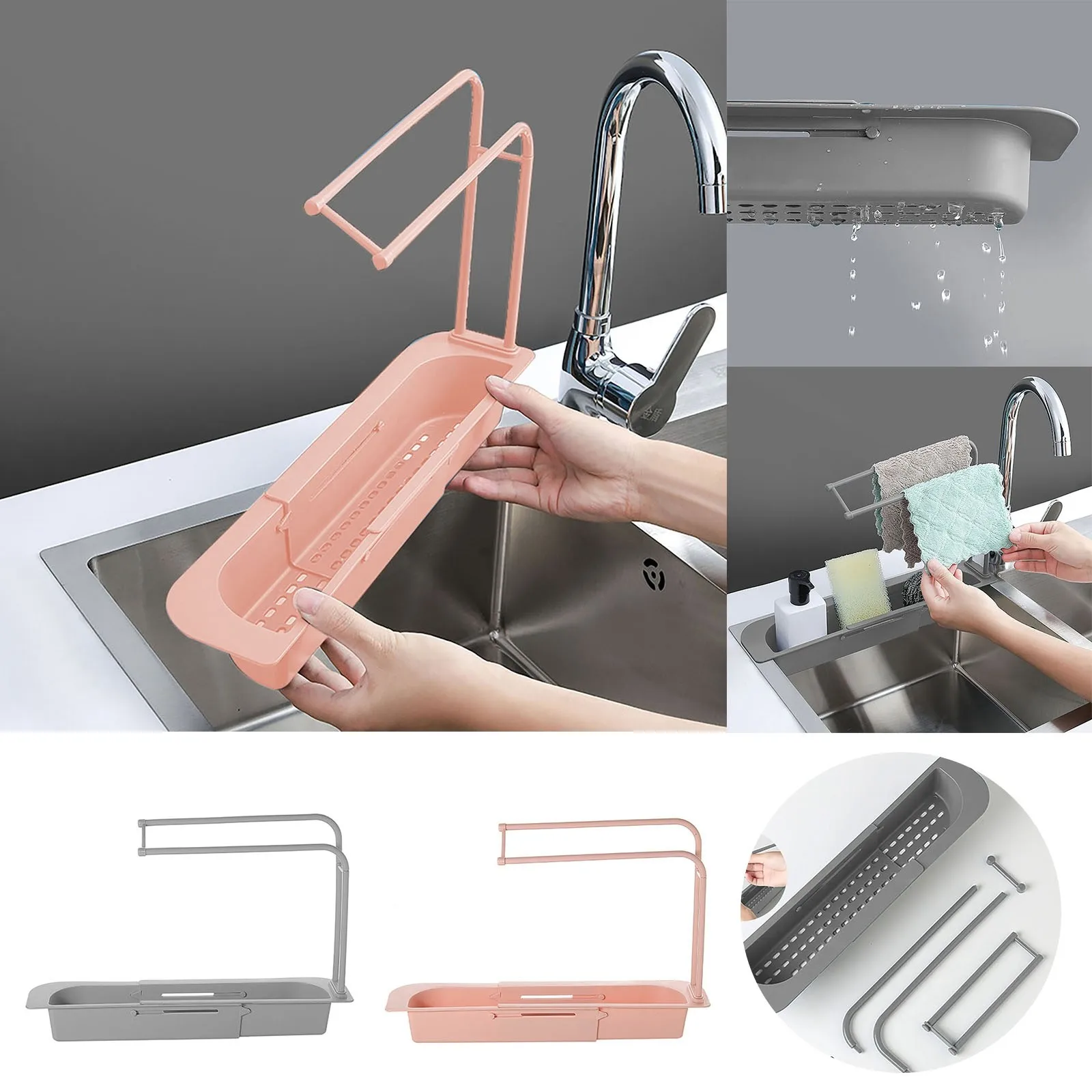 

Kitchen Sink Organizer Telescopic Sink Shelf Soap Sponge Holder Towel Hanger Sink Drain Rack With Drainer Basket Kitchen Gadgets