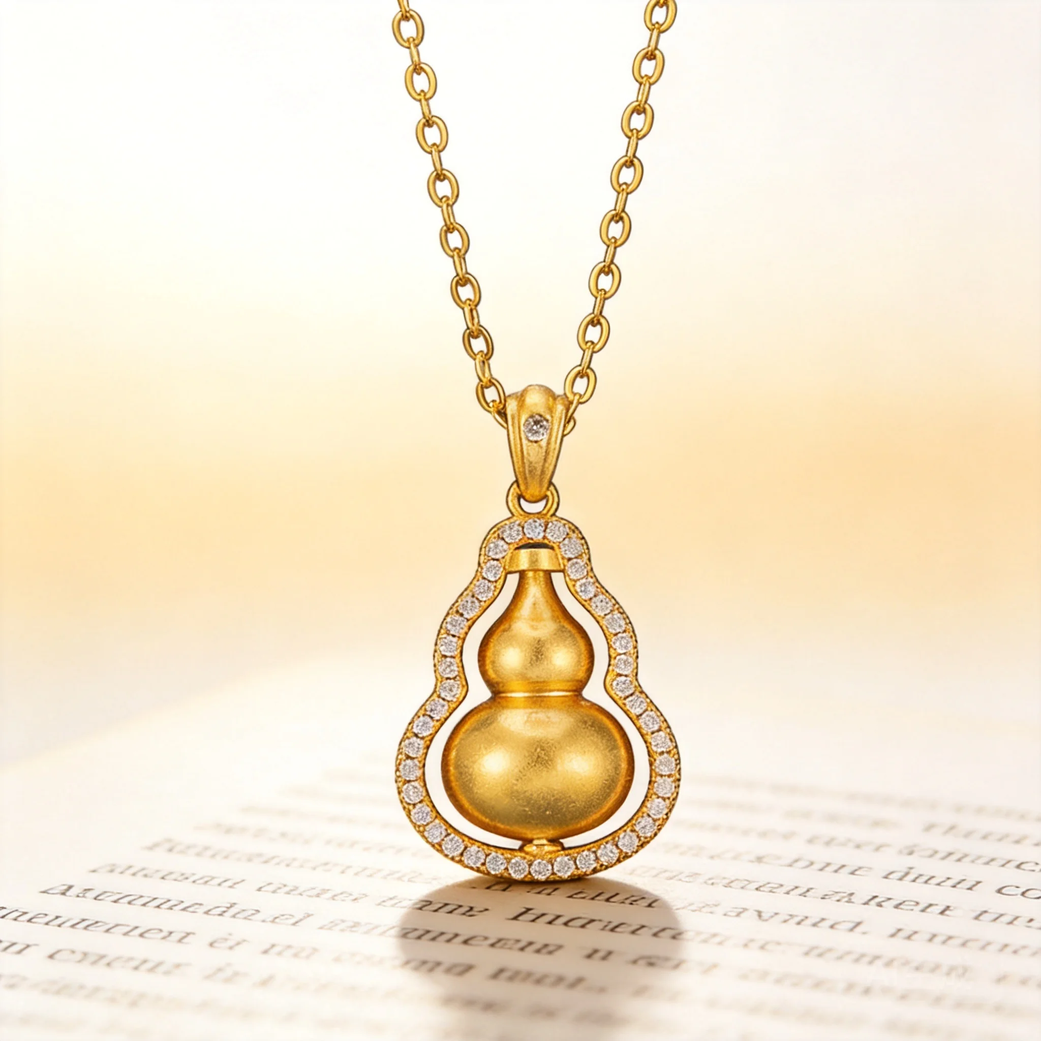 

2026 Chinese Style Ancient Craft Sand Gold Plated Rotatable Double Gourd Pendant Necklace For Women Cubic Zirconia Inlaid Light