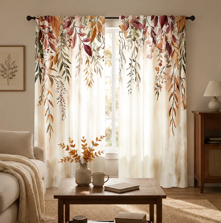 2PCS Digital Printed Curtains, Falling Leaves Know Autumn Pattern, Stylish Window Treatment for Living Room Bedroom Decor