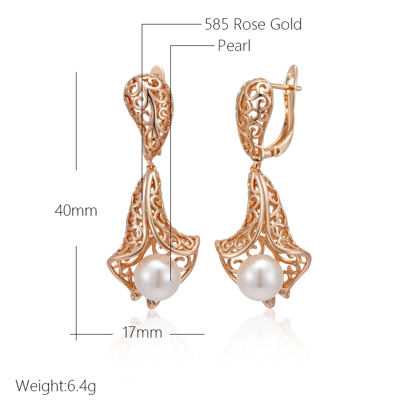 Kinel Luxury 585 Rose Gold Color Big Drop Earrings for Women Unique Hollow Flower Pearl Accessories Bridal Wedding Jewelry