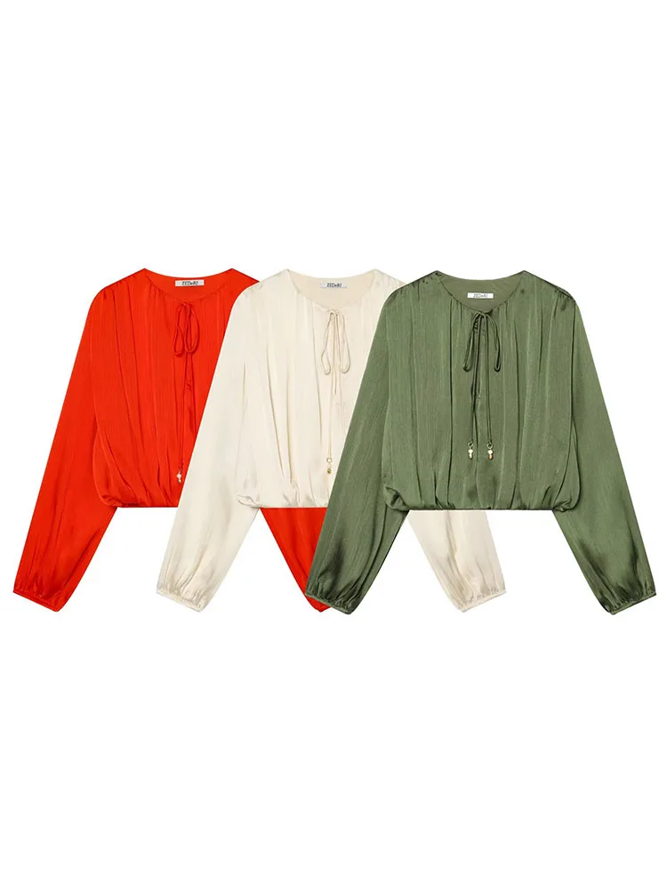 

HH Spring Women's Balloon Style Silk Satin Textured Shirt 2026 Summer Round Neck Long Sleeve Beaded Decoration Casual Blouse