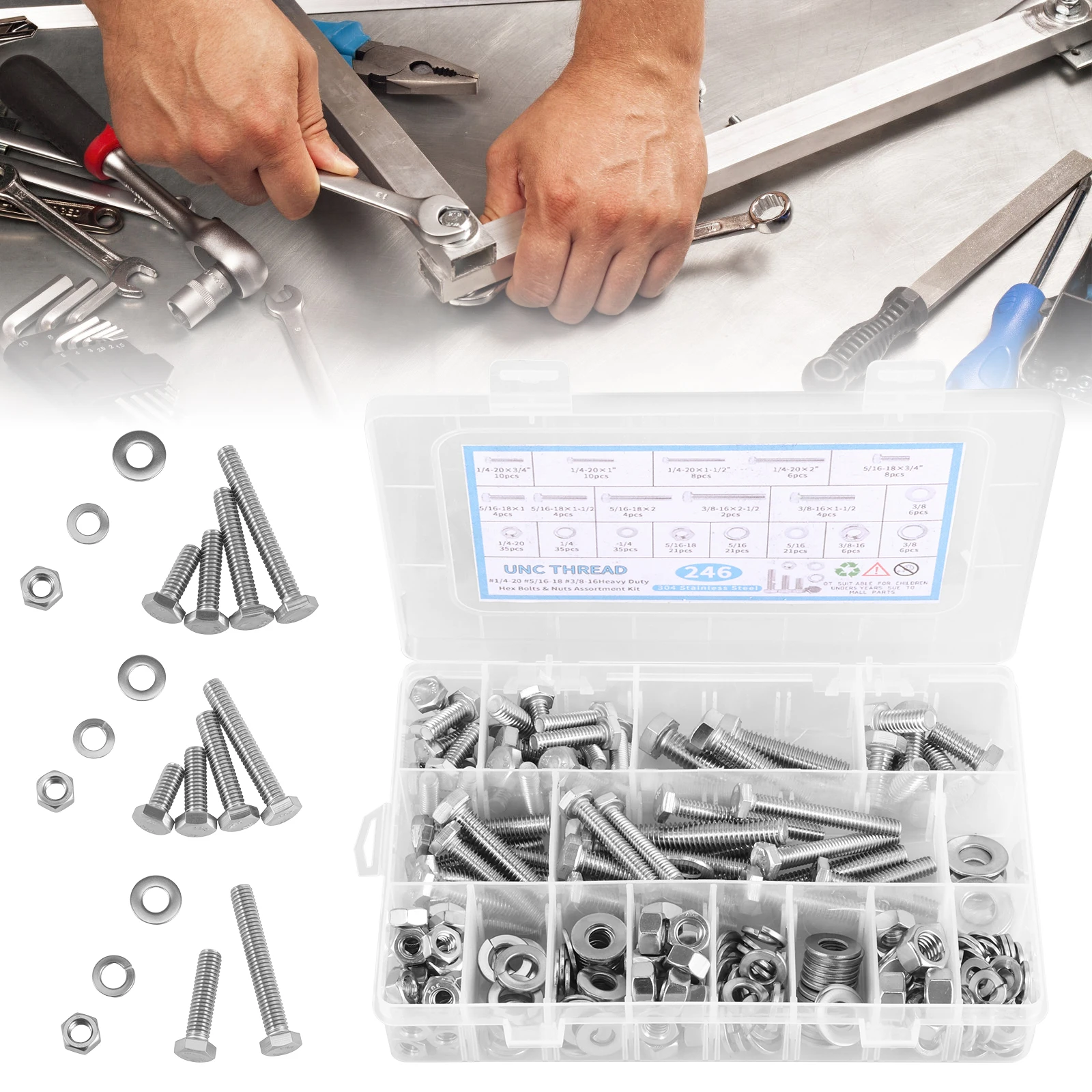 

246PCS Stainless Steel Bolt and Nut Kit for Home Repair Assortment Set Heavy Duty Rust Proof Nuts and Bolts for Construction