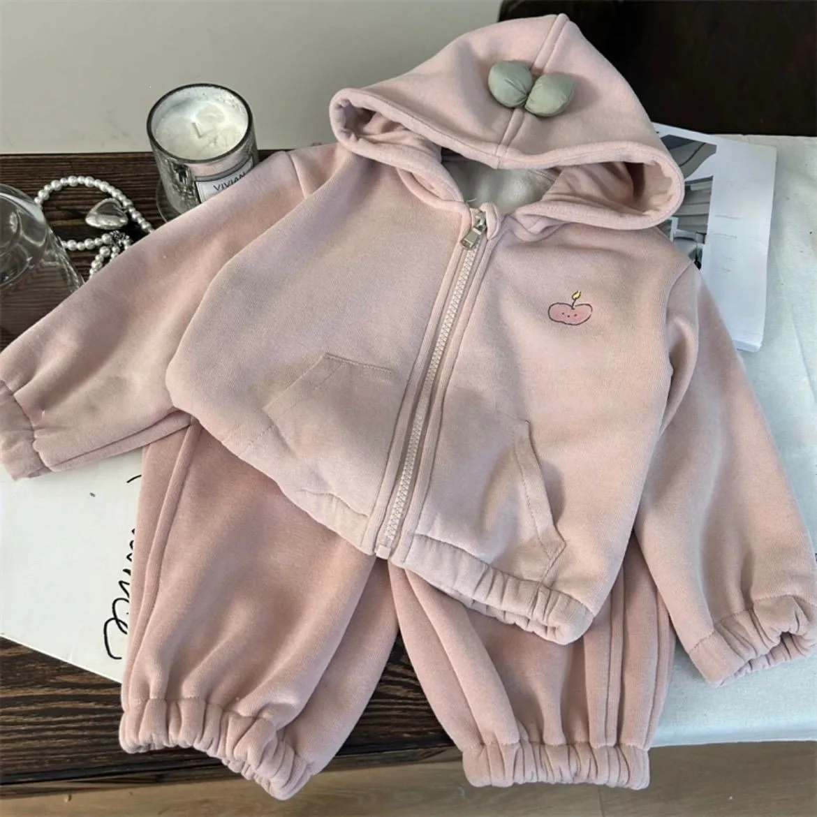 2026 Winter New Children Fleece Clothes Set Boys Girls Hooded Sweatshirt Coat + Pants 2pcs Suit Kids Plus Velvet Thick Outfits