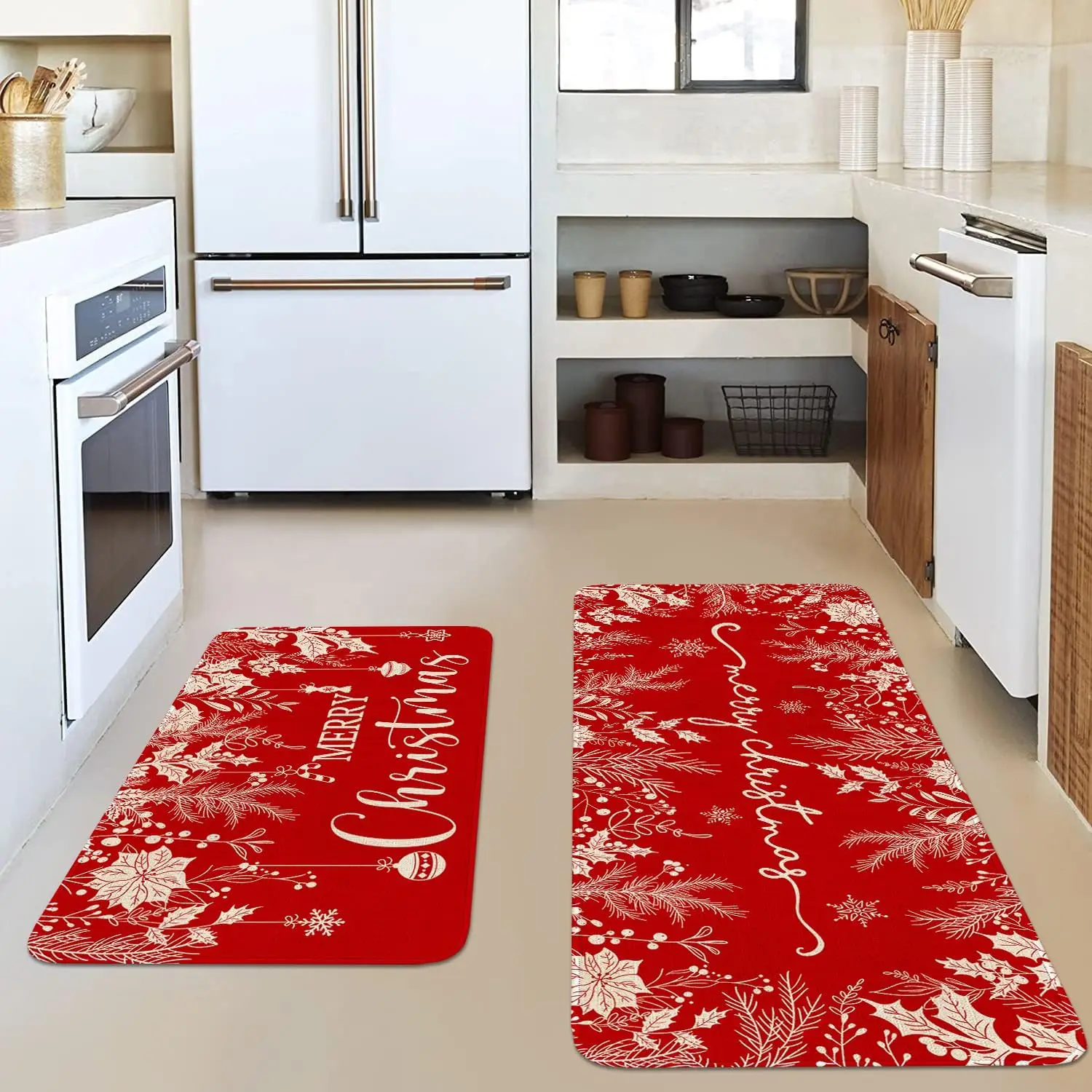 Christmas Holly Pine Branches Leaves Kitchen Mat Decor Winter Non-Slip Kitchen Corridor Balcony Rugs Bedroom Floor Mat Decor