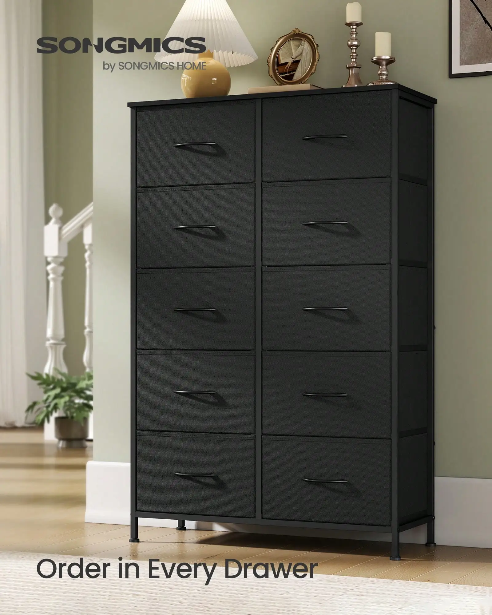 10 Drawers Storage Dresser, Steel & MDF Closet Organizer Unit With Non-Woven Drawers, Multi-Use Storage Cabinet For Bedroom, TV Stand, Entryway, Cloakroom, BlackHome Furniture
