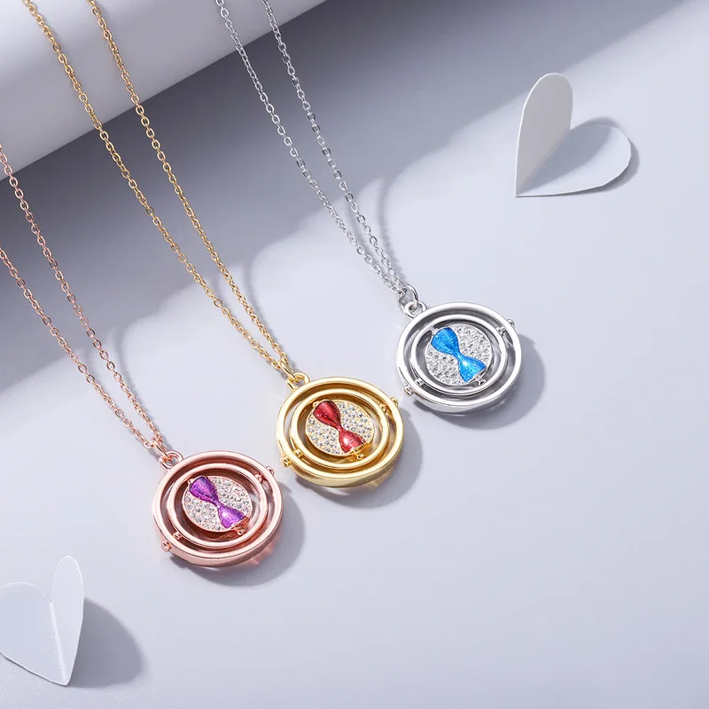 Hourglass Enamel Necklace Creative Inlay Crystal Time Converter Rotatable Round Pendant Necklace Birthday Jewelry Presents