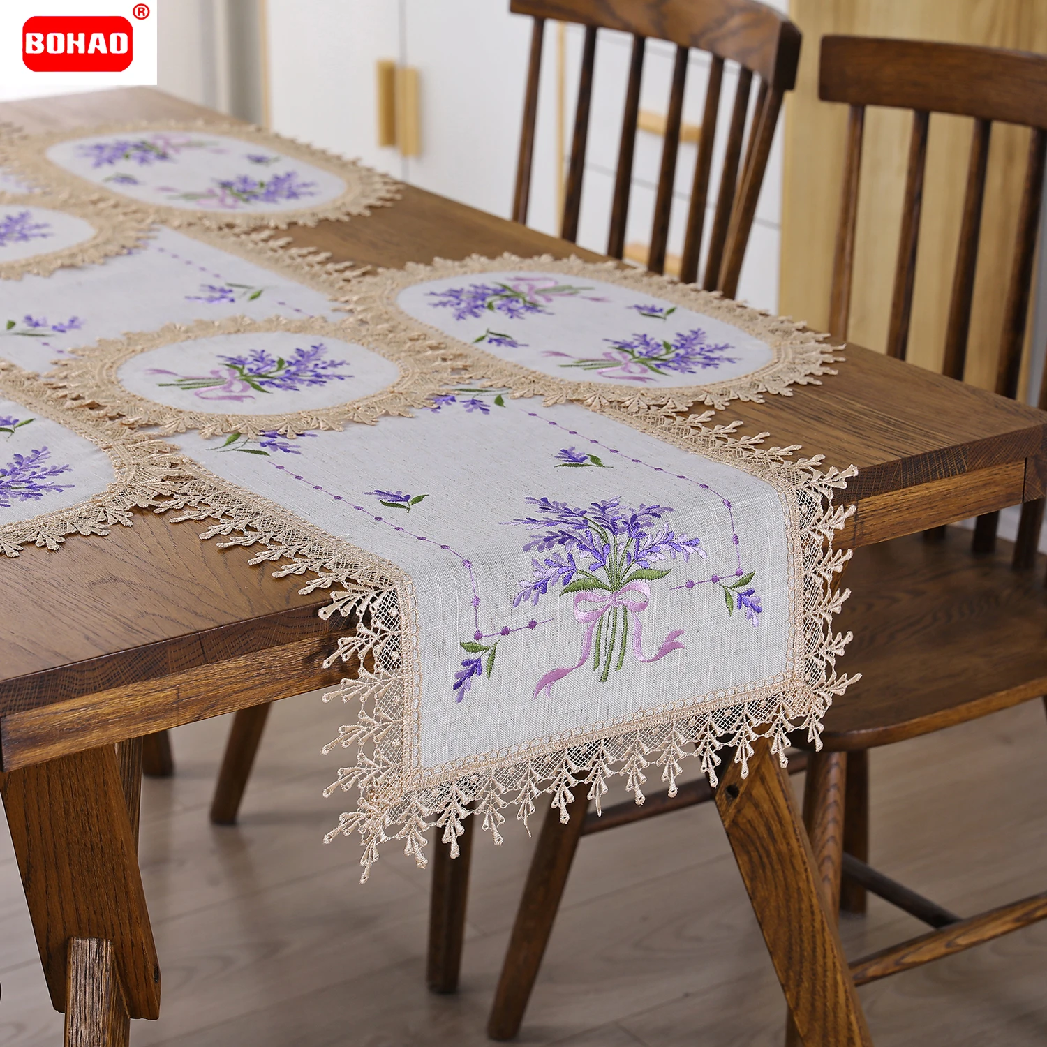 4 pezzi BOHAO Tablemat Set di lusso tovaglia ovale rettangolare in pizzo ricamato lavanda per tovaglietta in lino per tovaglietta da pranzo per feste