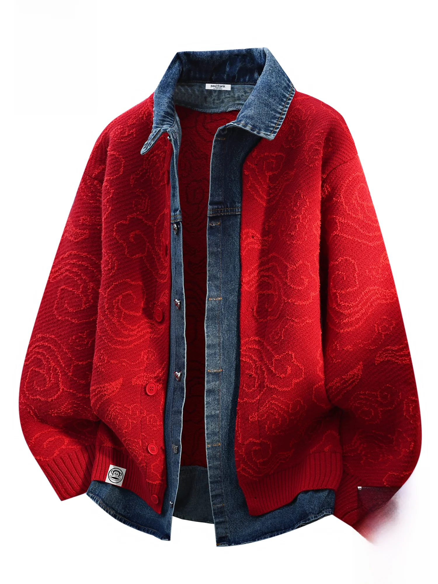 

Мужской свитер Paul Frank из денима с пэчворком, свободного кроя, зимний, теплый, имитация двухслойности, вязаный топ из полиэстера, с длинными рукавами