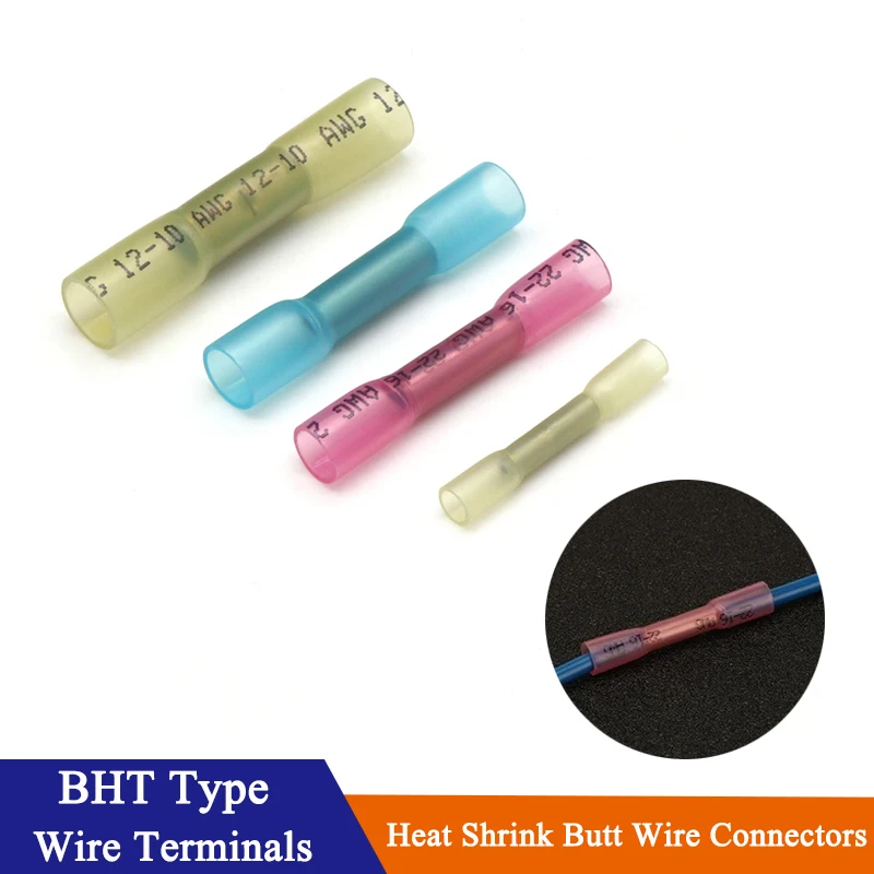 

10/100Pcs Heat Shrinkable Cable Terminal Tube BHT0.5 BHT1.25 BHT2 BHT5 AWG22-10 Waterproof Butt Crimp Copper Insulated Connector