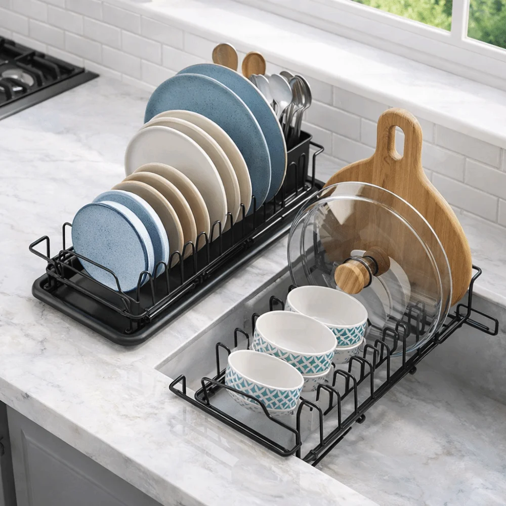 

Нескользящая расширяемая сушилка для посуды большой вместимости, экономящая место, с держателем для столовых приборов, для раковины