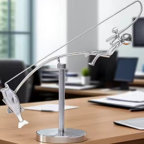 Silver Color Fisherman Balancing Sculpture Office Desk Funny Fishing Sculpture Balance Art Decompress and Relax Decoration