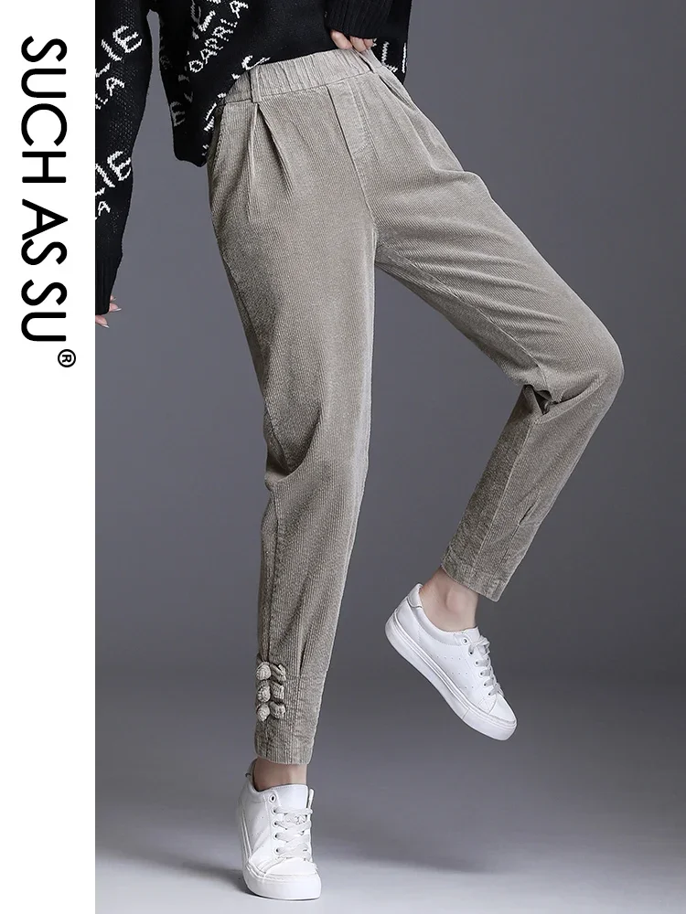 

SUCH AS SU New Leisure Corduroy Pants Women Winter 2019 Elastic High Waist Khaki Harem Pants M-4XL Size Female Skinny Trousers