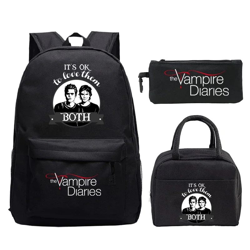 3Pcs Girls Boys The Vampire Diaries Print Backpack with Lunch Bags Pencil Case Set Students Fashion Child Bookbag Travel Bagpack