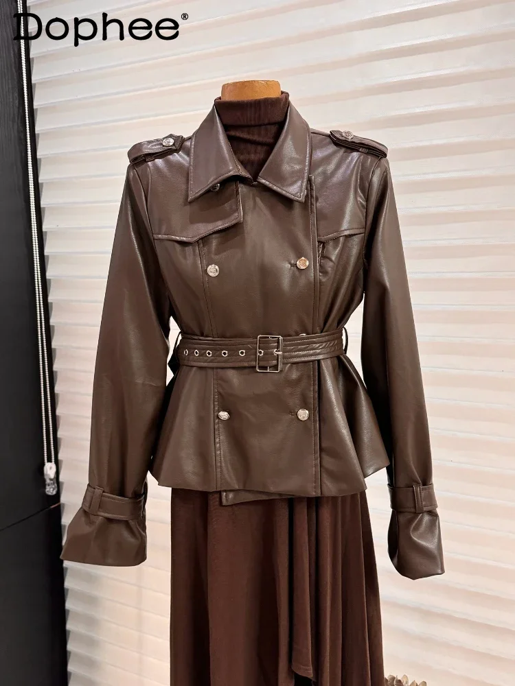 Veste de moto à double boutonnage pour femme, veste en cuir, manches longues, coupe couvertes, revers, taille haute, cool, fille, court, automne, nouveau