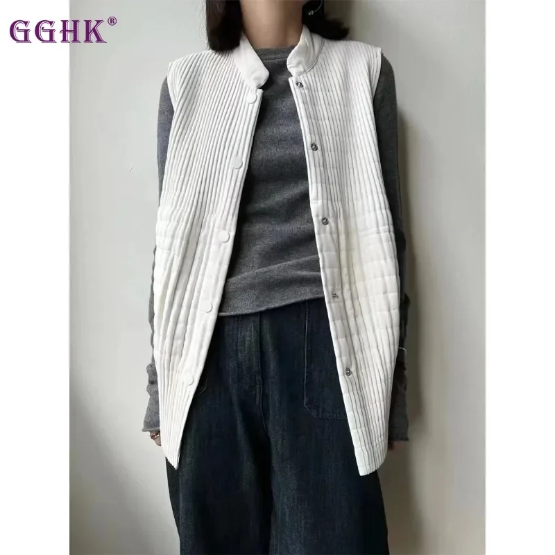 

GGHK Miyake Pleated Women Vest Jacket Solid Color Round Neck Single-breasted Korean Fashion Design Cotton Female Small Coat