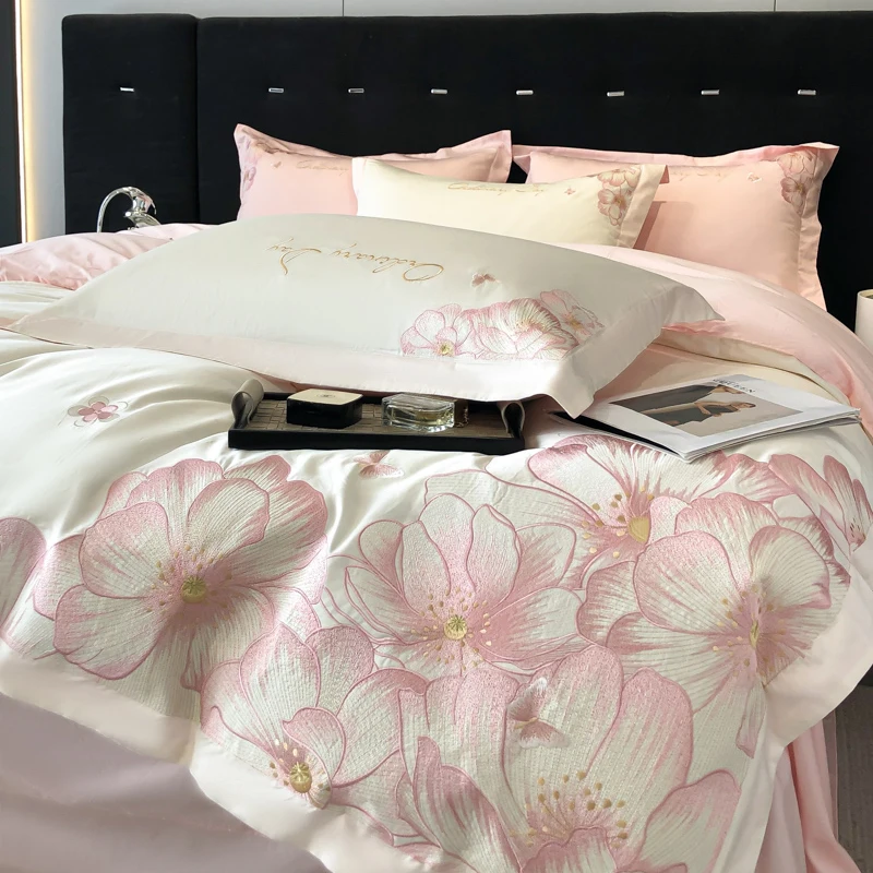 

Роскошный комплект постельного белья из 100% хлопка с цветочной вышивкой, королевский размер, пододеяльник, простыня/простыня, наволочка, 4 шт.