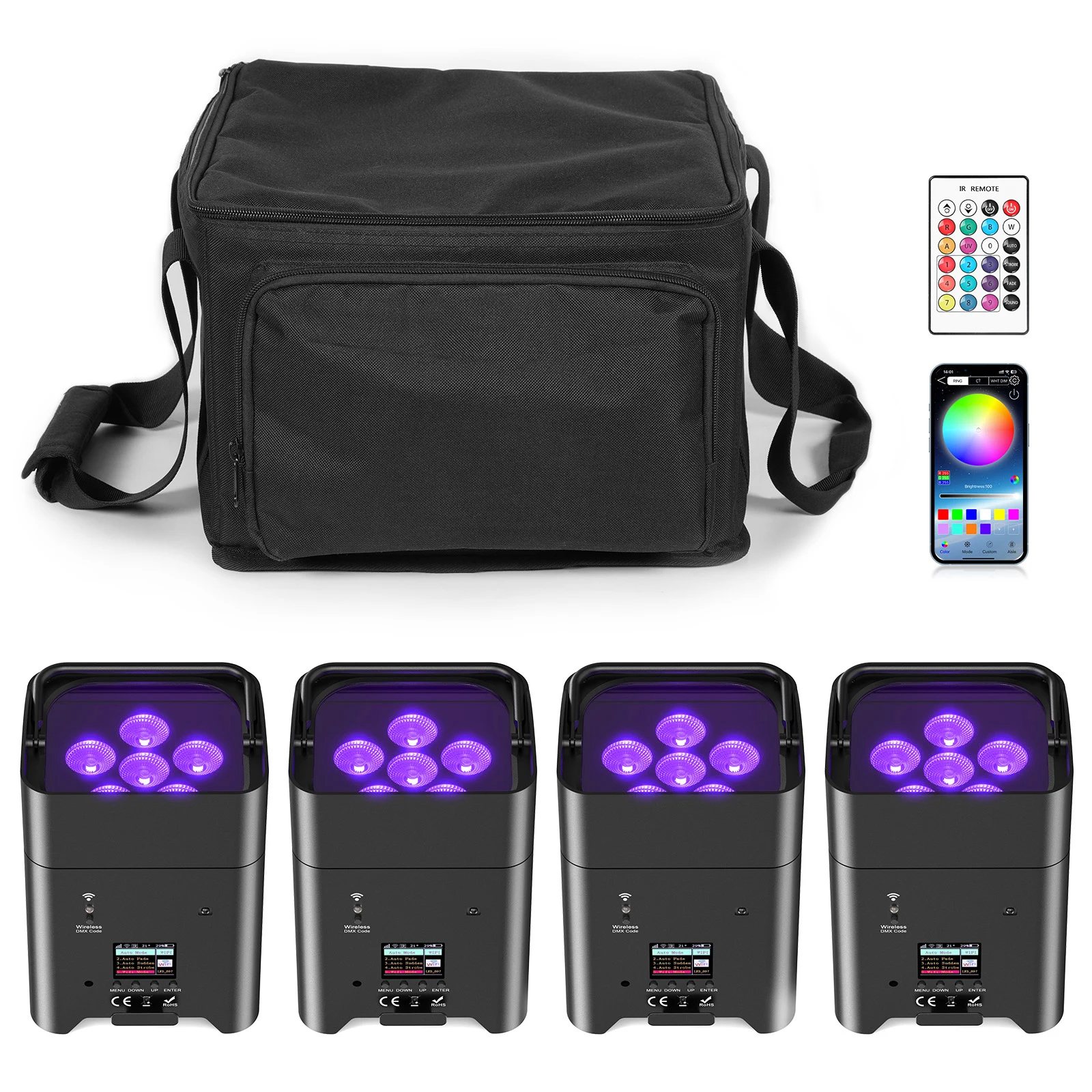 

U'King 4PCS 6x18W 6IN1 RGBAW+UV Par Light с сумкой DMX Пульт дистанционного управления WiFi Par Light Беспроводной светодиодный сценический светильник для DJ Bar Party