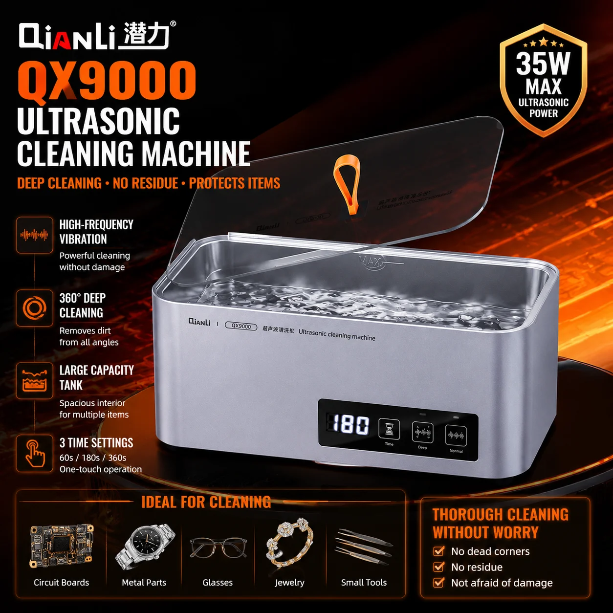 QIANLI QX9000 Ultrasonic Cleaner for Cell Phone Motherboards Eyeglasses Repair Tools Ultrasonic Cleaning Dirt Removal Tools