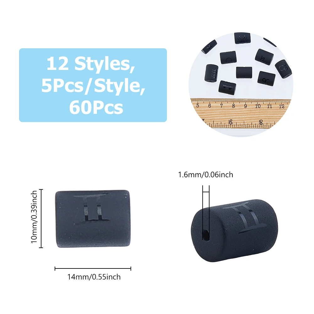 60Pcs Zodiac Beads Constellation Beads Frosted Opaque Glass Tube Spacer Black Barrel Small Hole Loose Beads