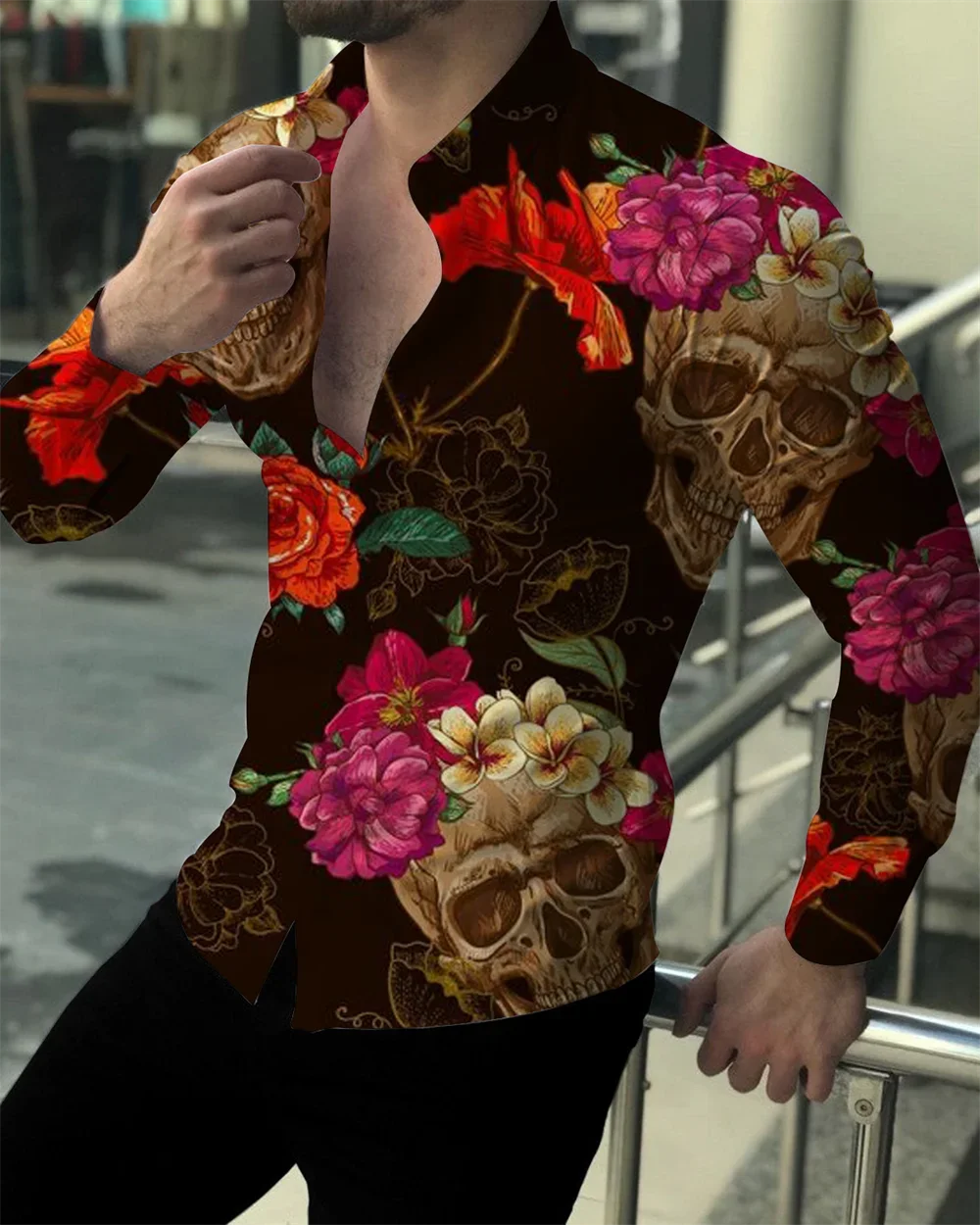 

New Men's Dance Fashion Luxury Cardigan Increases Social Men's Butt Shirt Casual Print Stitching Pattern Long -sleeved Shirt Top