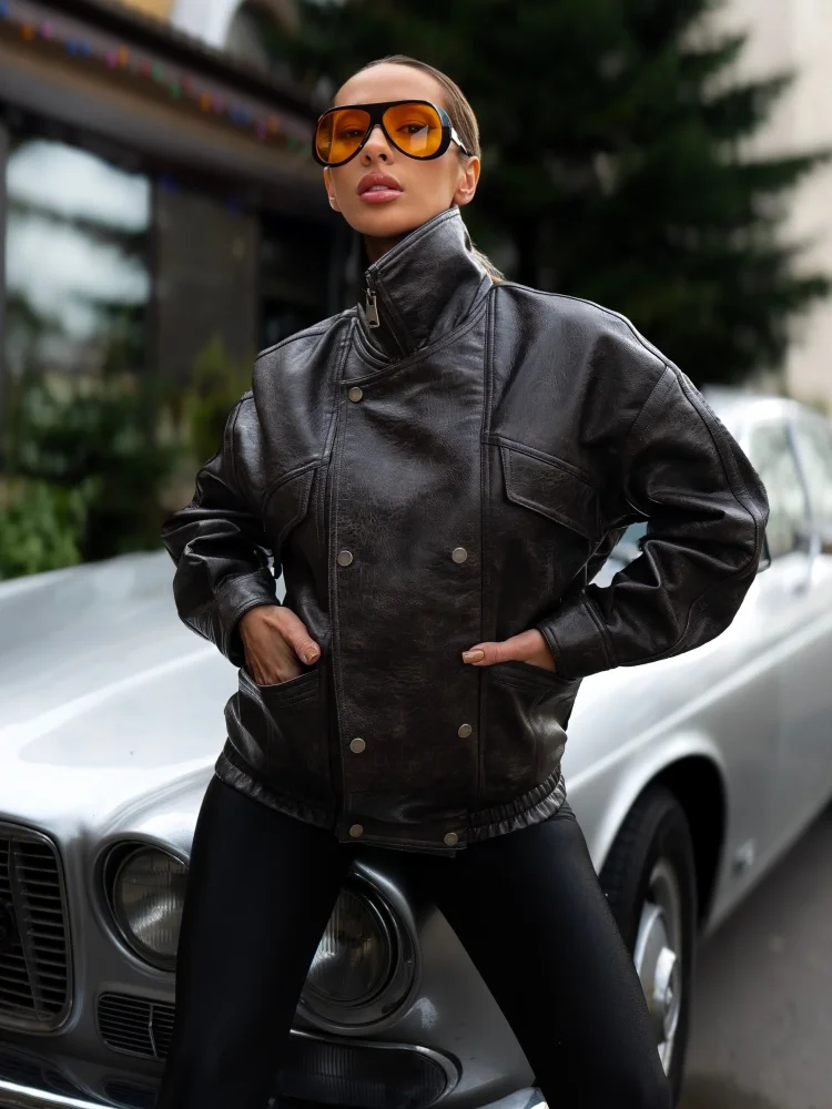 

Женская винтажная коричневая кожаная куртка VC, оверсайз, двубортная, в стиле мотоциклетной куртки, с воротником-стойкой, верхняя одежда