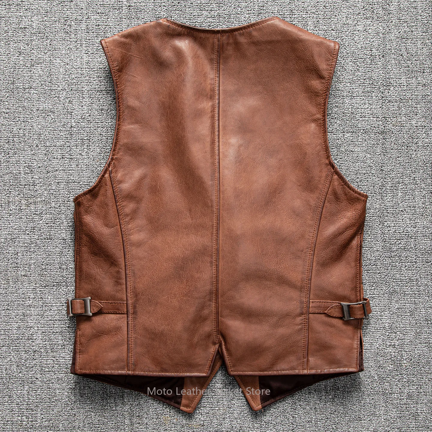 Men's Slim Amekaji Genuine Leather Vest Vintage First Layer Sheepskin Handmade Distressed Heavy Washed Waistcoat