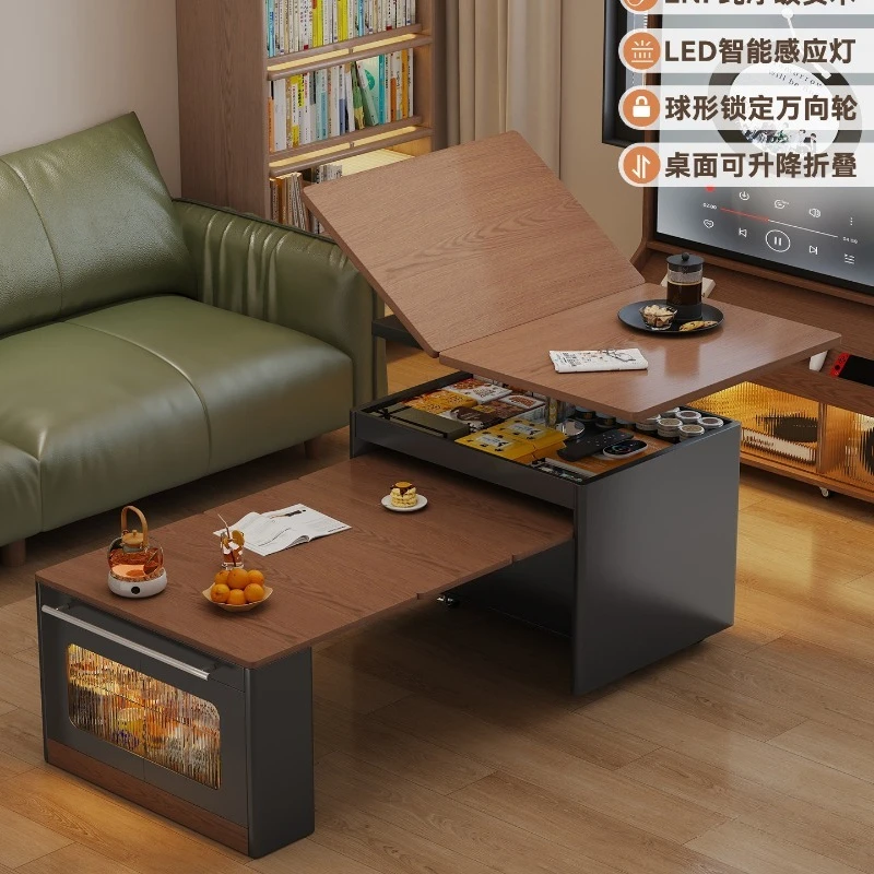 

French Retro Movable Lifting Coffee Table Solid Wood Household Small Apartment Living Room Telescopic Folding Sofa Edge