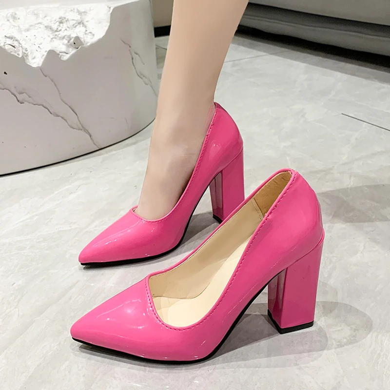 Aphixta New Barby Pink Pumps Women Shoes 10cm Square Heels Patent Leather Multicolor Party Leisure Super Big Szie 31-50