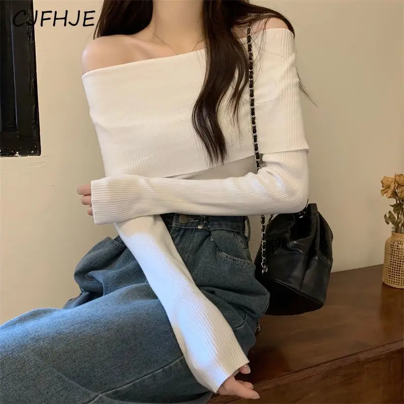 CJFHJE Fashion Slash Neck Strapless Sweaters Woman Casual Bottoming Chic Pullovers Female Korean Coffee Long Sleeve Tops Winter