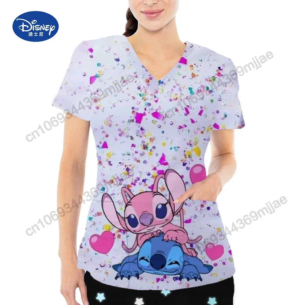 New Disney Cartoon Pattern Printed Women's Top for Summer 2024, Casual and Comfortable Nurse Dress, V-neck Double Pocket Design