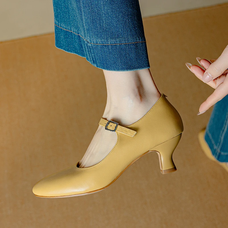 

Genuine Leather Mary Jane Round Toe Mid Heel Single Buckle French Style Classic Elegant Shoes
