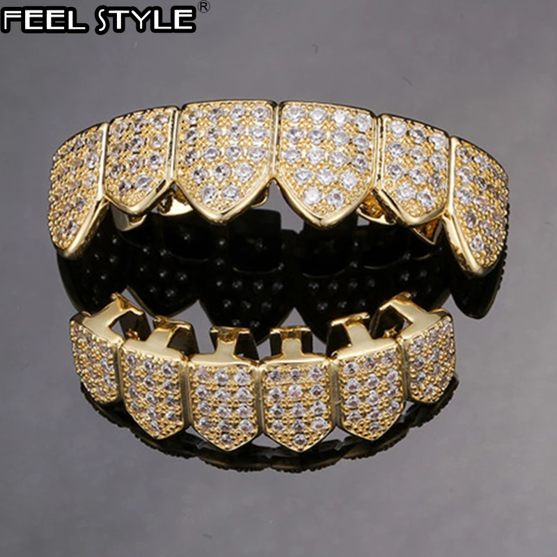 Feel Style Full CZ Teeth Grillz Set For Unisex Cubic Zirconia Stone Top Bottom Teeth Grills Box Packing Hip Hop Jewelry For Men